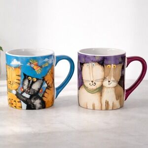 Gibson Everyday Cat Coffee Mug Set of 2 Whimsical Folk Art Colorful Cute Cats